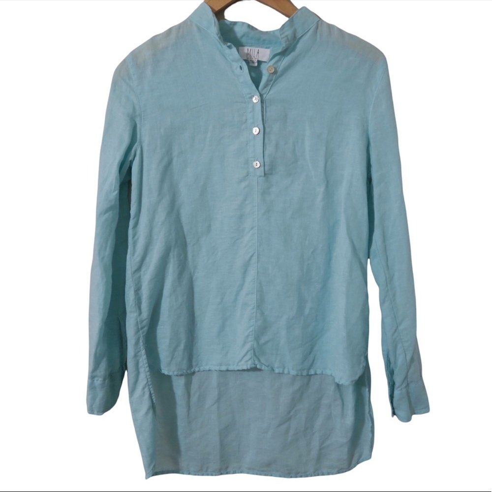 MILA Light‎ Blue Long Sleeve Blouse USA Lagenlook Casual XS